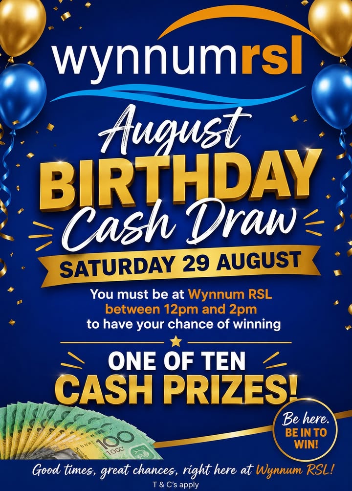 Featured image for “August Birthday Cash Draw at Wynnum RSL – 10 Prizes!”