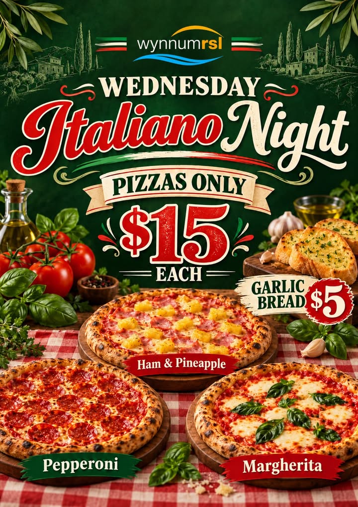 Featured image for “Wednesday Italiano Night at Wynnum RSL – Pizza & Pasta for $15”