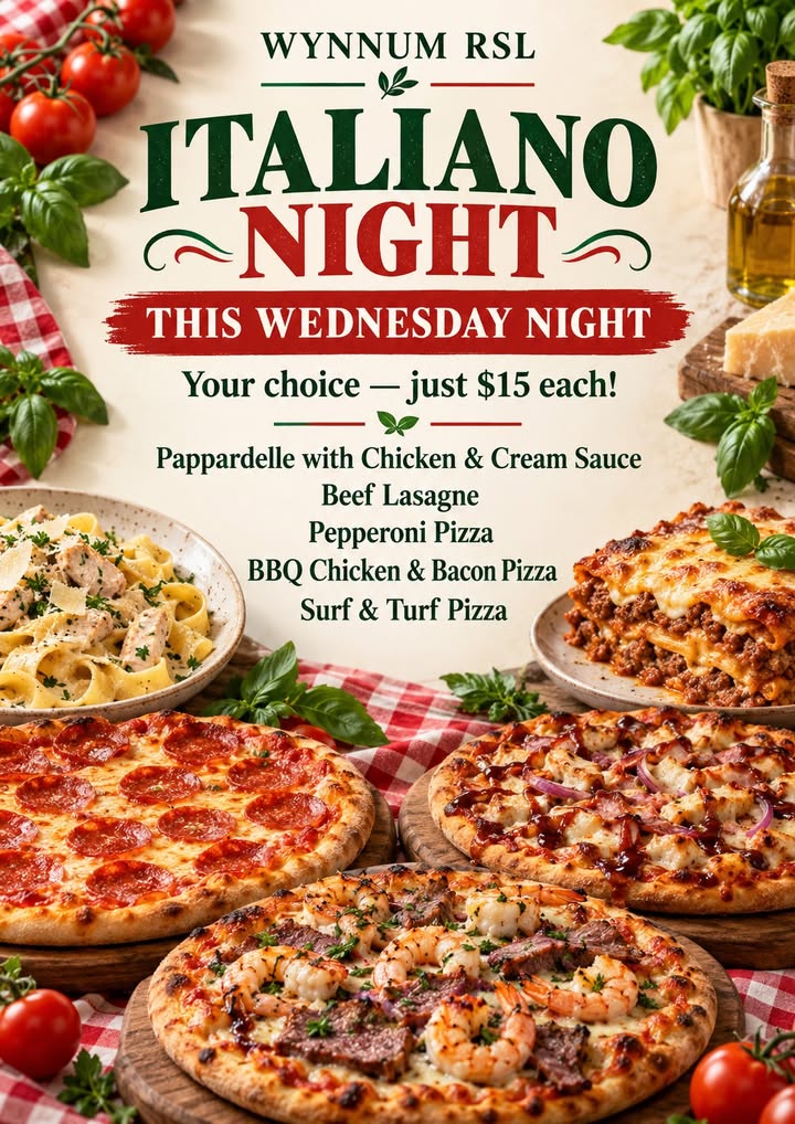Featured image for “Italiano Night at Wynnum RSL – $15 Meals This Wednesday”
