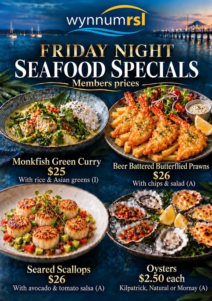 Featured image for “Seafood Night, Live Music & Raffles at Wynnum RSL”